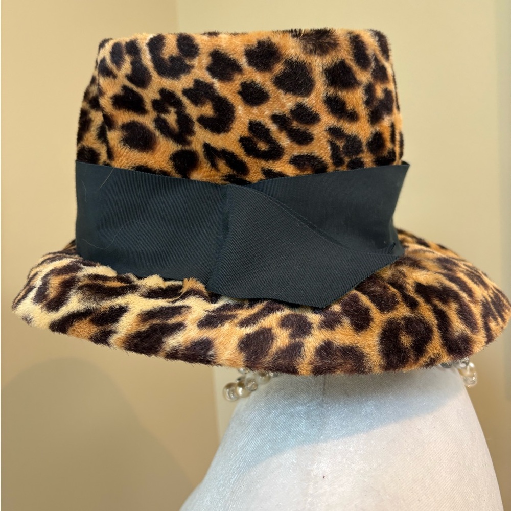 Vintage Leopard 🐆 Print Bucket Hat Wide 🖤Gingham Black Ribbon Union Made 60’s